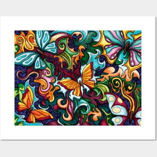 Colorful butterflies in abstract flowers and plants decor Posters and Art